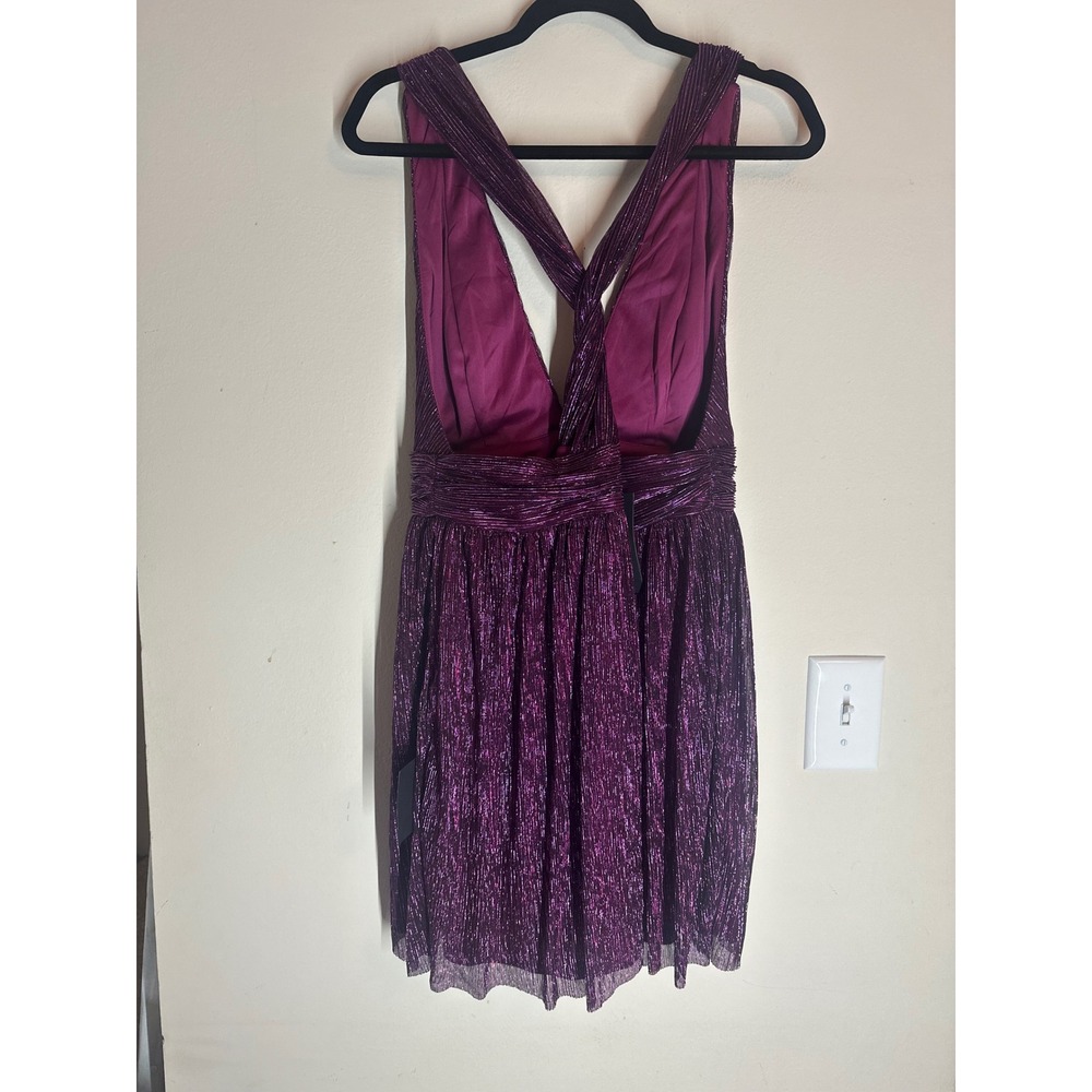 Lulus XL Purple Metallic Pleated Mini Dress NWT Deep V Party Cocktail Dress - Picture 3 of 7